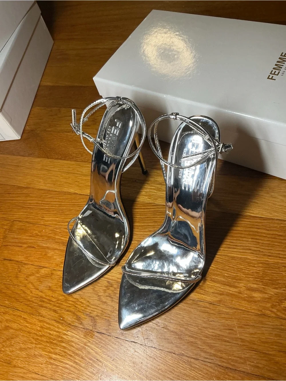 FEMME LA Silver Metallic Stiletto Ankle-Strap Sandal